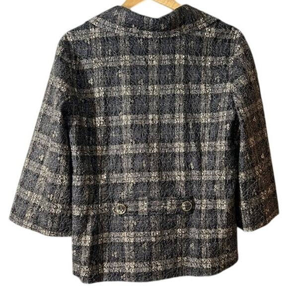 CHICO'S Black Tan Plaid Gold Lace Overlay 3/4 Sleeve Blazer Jacket Size 2 LARGE - Picture 3 of 15